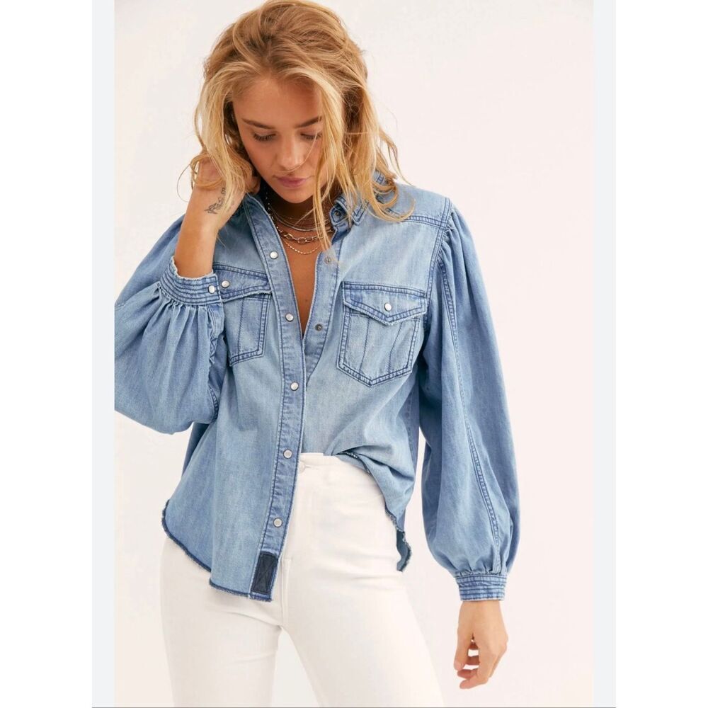 Free People with Love Denim Button Down XS